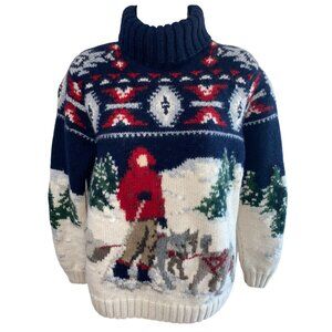 Vintage Lauren Ralph Lauren Wool Sweater S Hand Knit Nordic Turtleneck Dog Sled